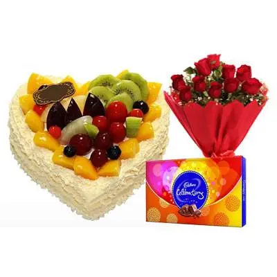 Fresh Fruits Heart Cake, Red Rose & Celebration